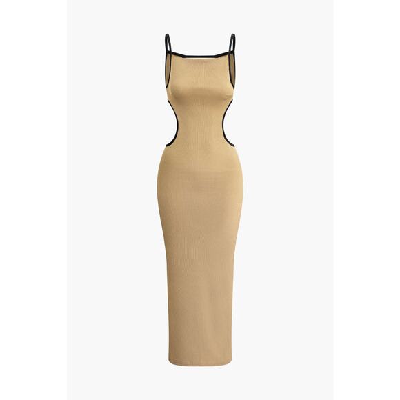 Micas Casual Contrast Cut Out Backless Slip Maxi Dress Tan Large Stretch - Picture 1 of 6